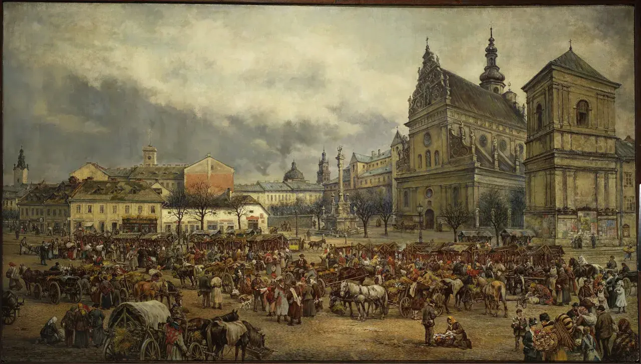 Targowisko w historycznym centrum miasta, gdzie widać ludzi, wozy i stragany. Czy to lwów polski czy ukraiński?