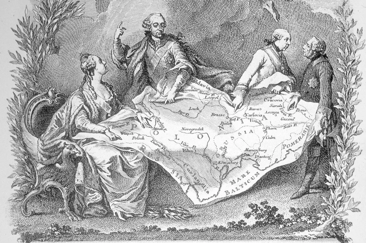 Trzej władcy dzielą mapę Polski, symbolizując pierwszy rozbiór Polski. Data wydarzenia to 1772.