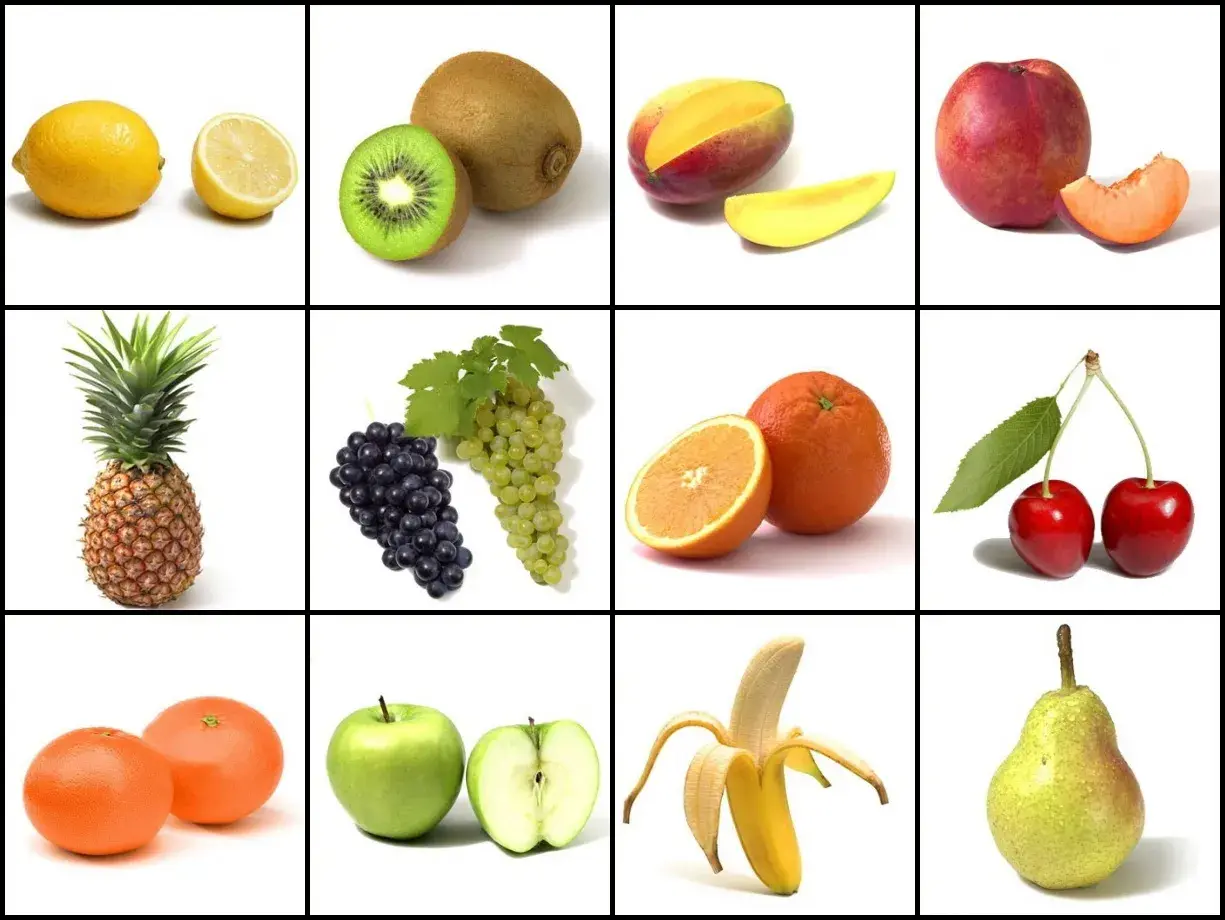 Kolorowe owoce po hiszpańsku: cytryny, kiwi, mango, nektarynka, ananas, winogrona, pomarańcze, wiśnie, grejpfruty, jabłka, banan, gruszka.