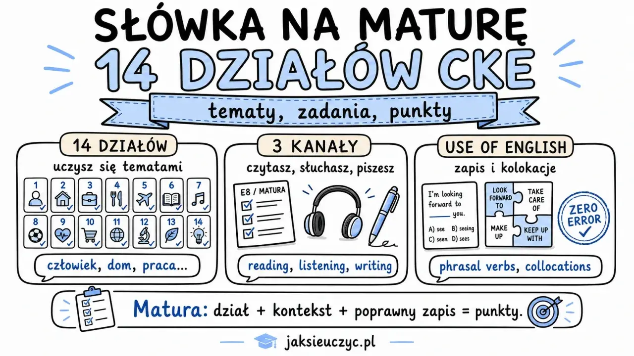 Materiały do słuchania po angielsku na maturę: 14 działów tematycznych, 3 kanały nauki (czytanie, słuchanie, pisanie) i Use of English.