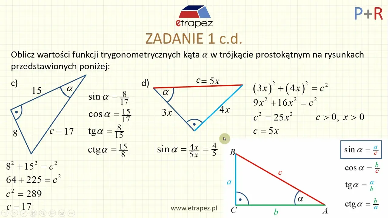 Zadanie 1 c.d. pokazuje obliczenia sinus, cosinus, tangens i cotangens dla kąta α w trójkątach prostokątnych.