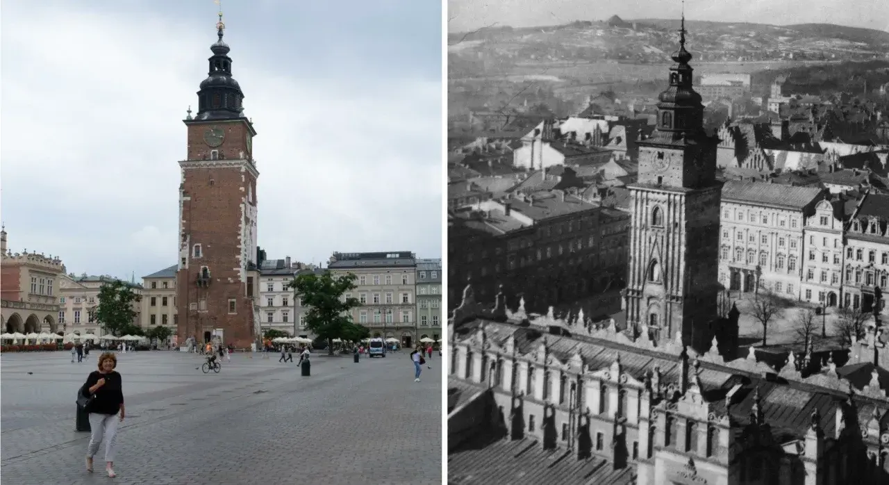 Wieża Ratuszowa na Rynku Głównym w Krakowie, porównanie współczesności i przeszłości. Ile lat ma Kraków? Tysiąc!
