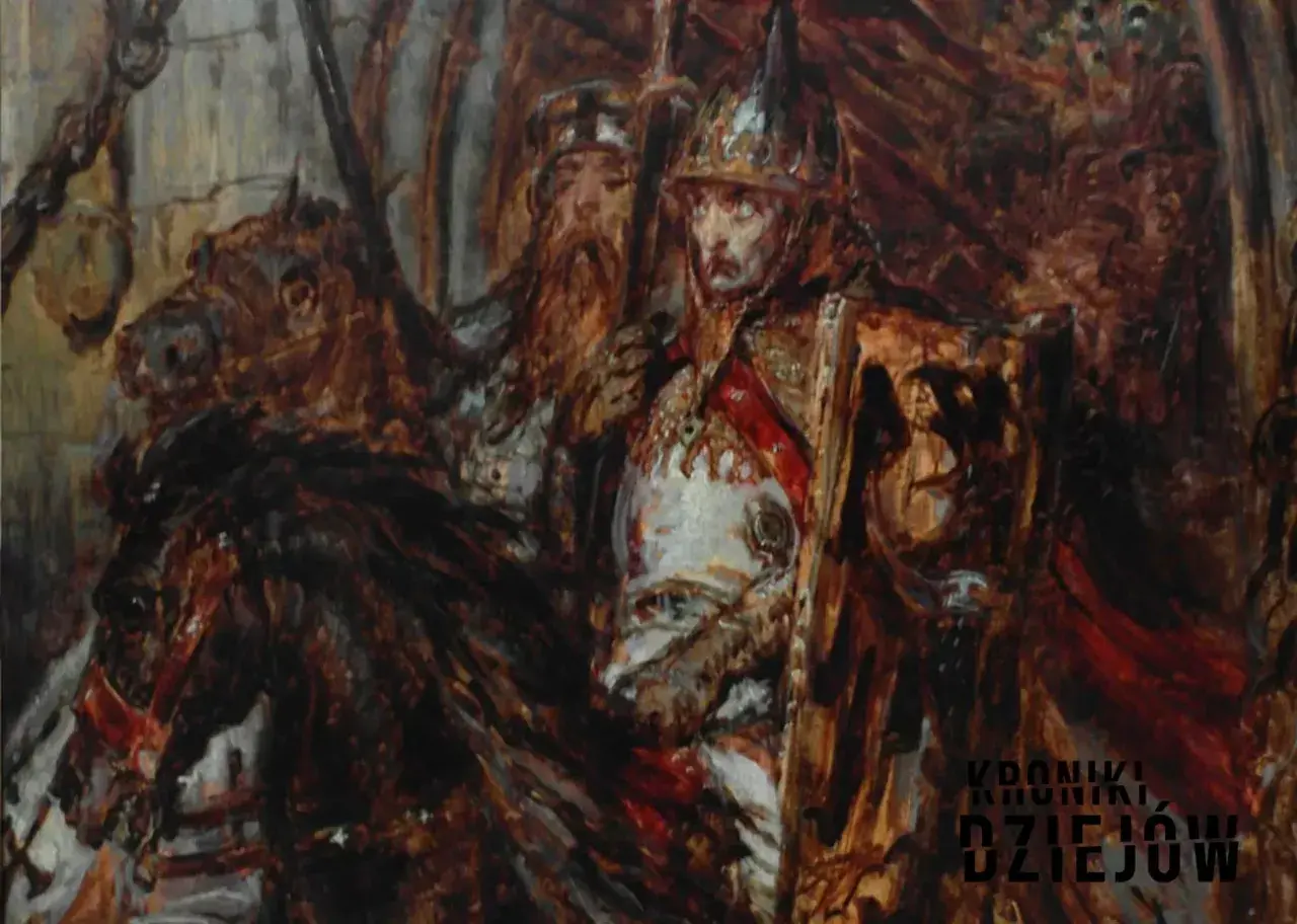 Rycerze w zbrojach na koniach, przygotowujący się do walki. Obraz przedstawia scenę z bitwy pod Legnicą, pełną dramatyzmu i historycznych ciekawostek.
