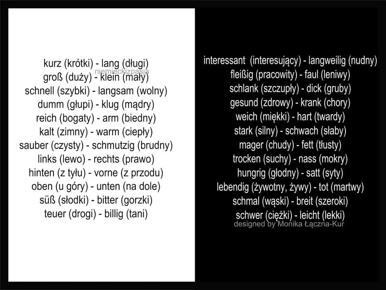 Lista trudnych słów po niemiecku z tłumaczeniem na polski, np. "kurz" (krótki) i "lang" (długi).