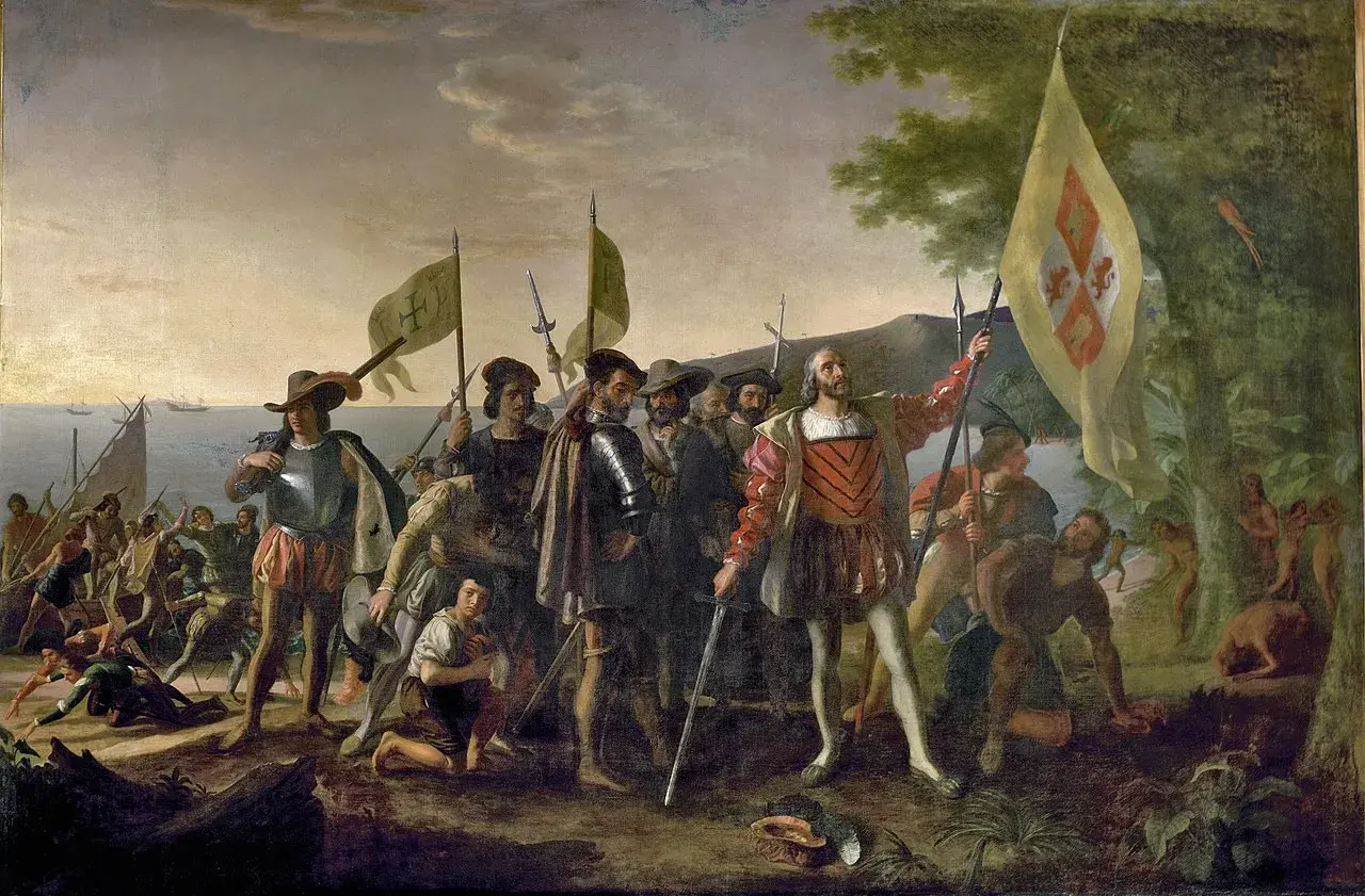 Kolumb i jego ludzie lądują na nowej ziemi, gdzie dopłynął Kolumb. W tle statki i tubylcy.
