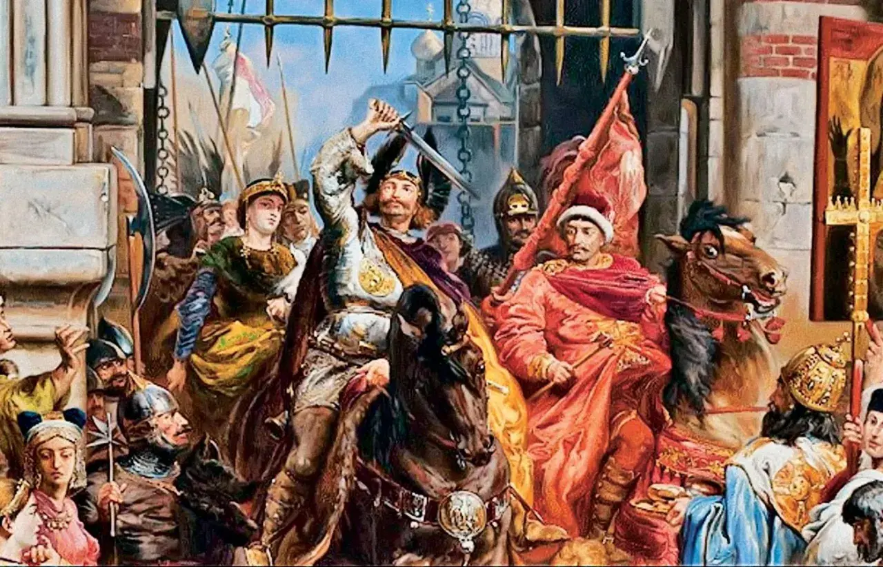 Król Bolesław Chrobry z mieczem wzniesionym do góry, w otoczeniu rycerzy i dam. Obraz przedstawia scenę historyczną, nawiązującą do przydomków królów polskich.