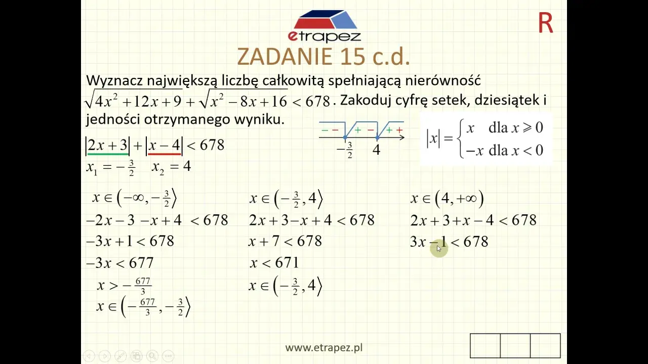 Rozwiązanie nierówności z wartością bezwzględną, gdzie pojawiają się wzory Viète'a.