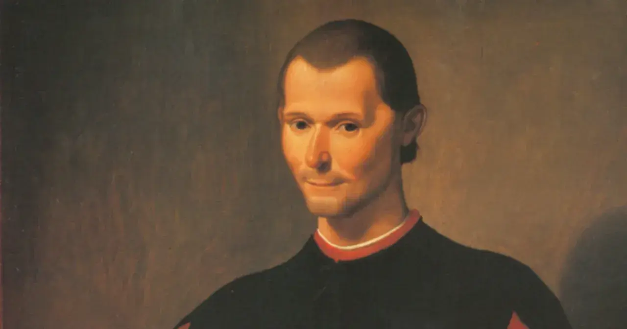 Portret Niccolò Machiavellego, którego spojrzenie sugeruje głębokie przemyślenia nad naturą władzy i ludzkimi słabościami. Jego poglądy kształtowały epokę.