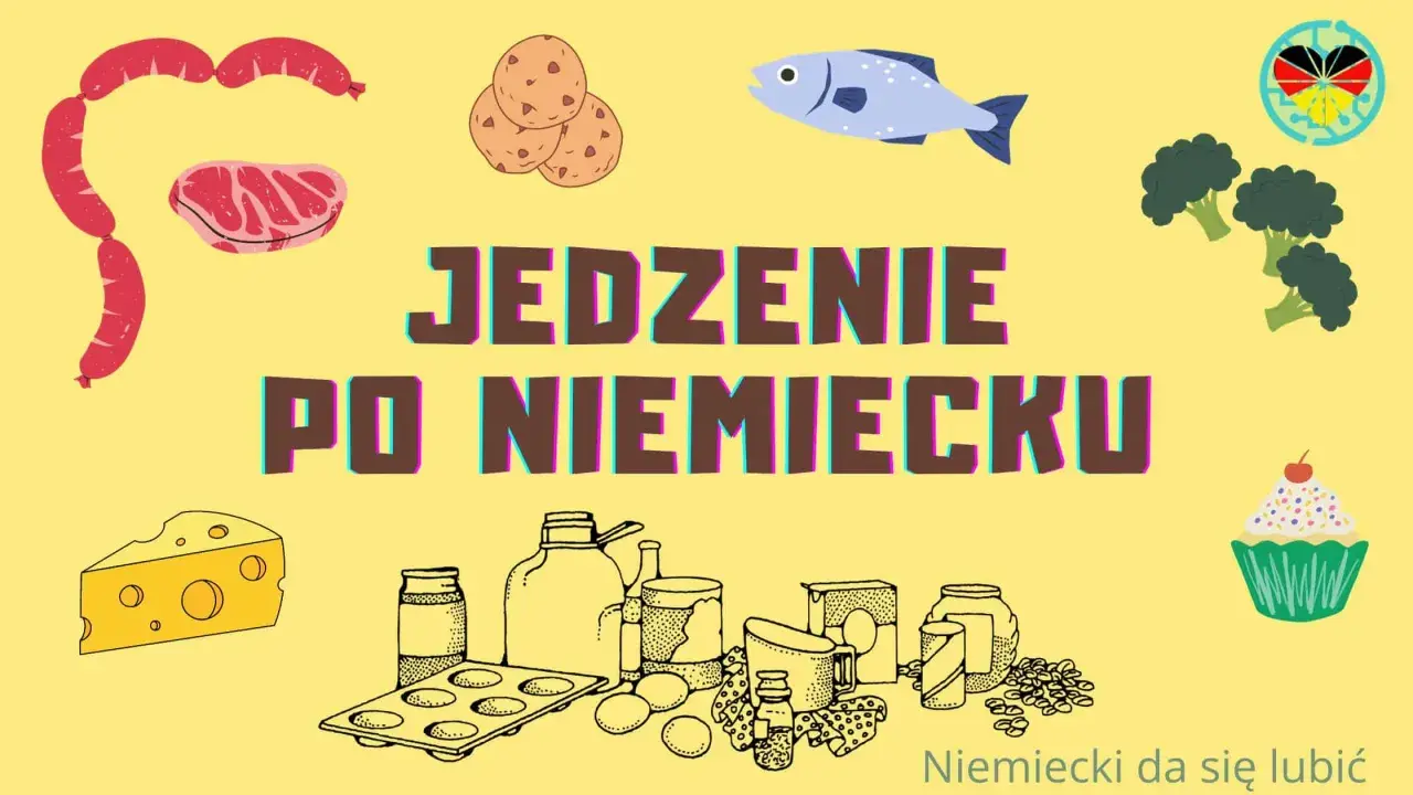 Kolorowe ilustracje jedzenia: kiełbaski, stek, ryba, brokuły, ser, ciastko i różne produkty spożywcze. Napis "Jedzenie po niemiecku".