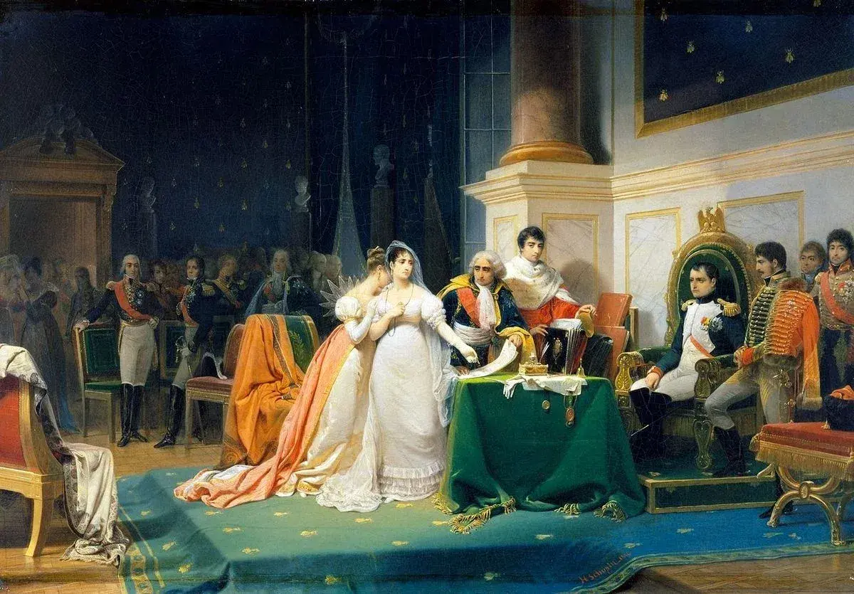 Napoleon w otoczeniu dworzan, obok niego siedzi jego pierwsza żona, Józefina, w białej sukni.