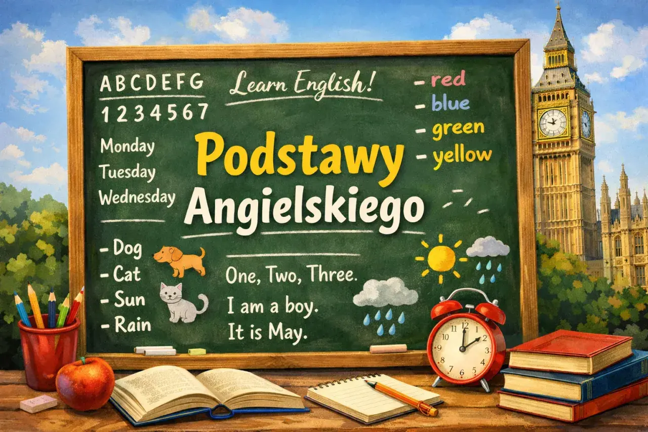 Tablica z napisem "Podstawy Angielskiego" i prostymi zwrotami, idealna do nauki.