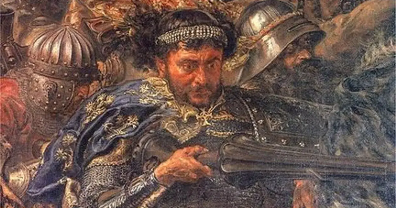 Portret rycerza w zbroi i ozdobnym płaszczu, z hełmami w tle.