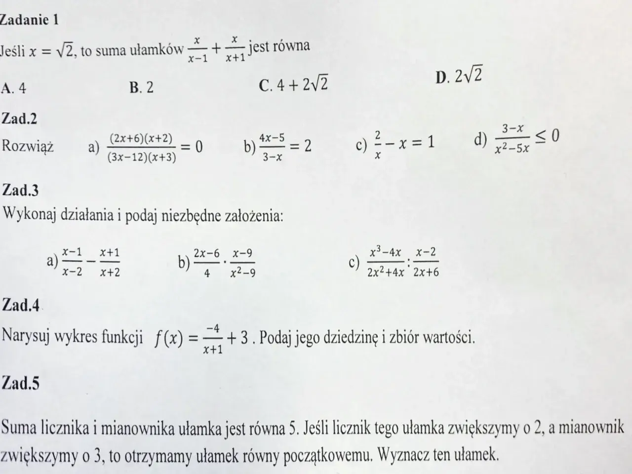 Zadania z matematyki: równania i nierówności wymierne, funkcje i ułamki.