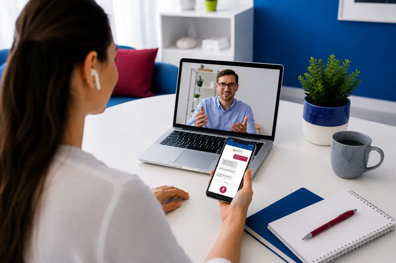 Kobieta uczestniczy w szybkim kursie angielskiego online. Na ekranie laptopa widzi nauczyciela, a na telefonie czat.
