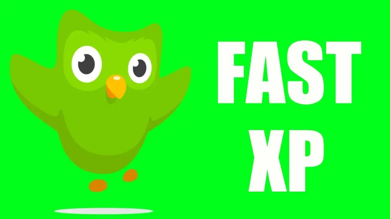 Zielony ptak z Duolingo obok napisu FAST XP. Dowiedz się, jak szybko zdobyć punkty w aplikacji.