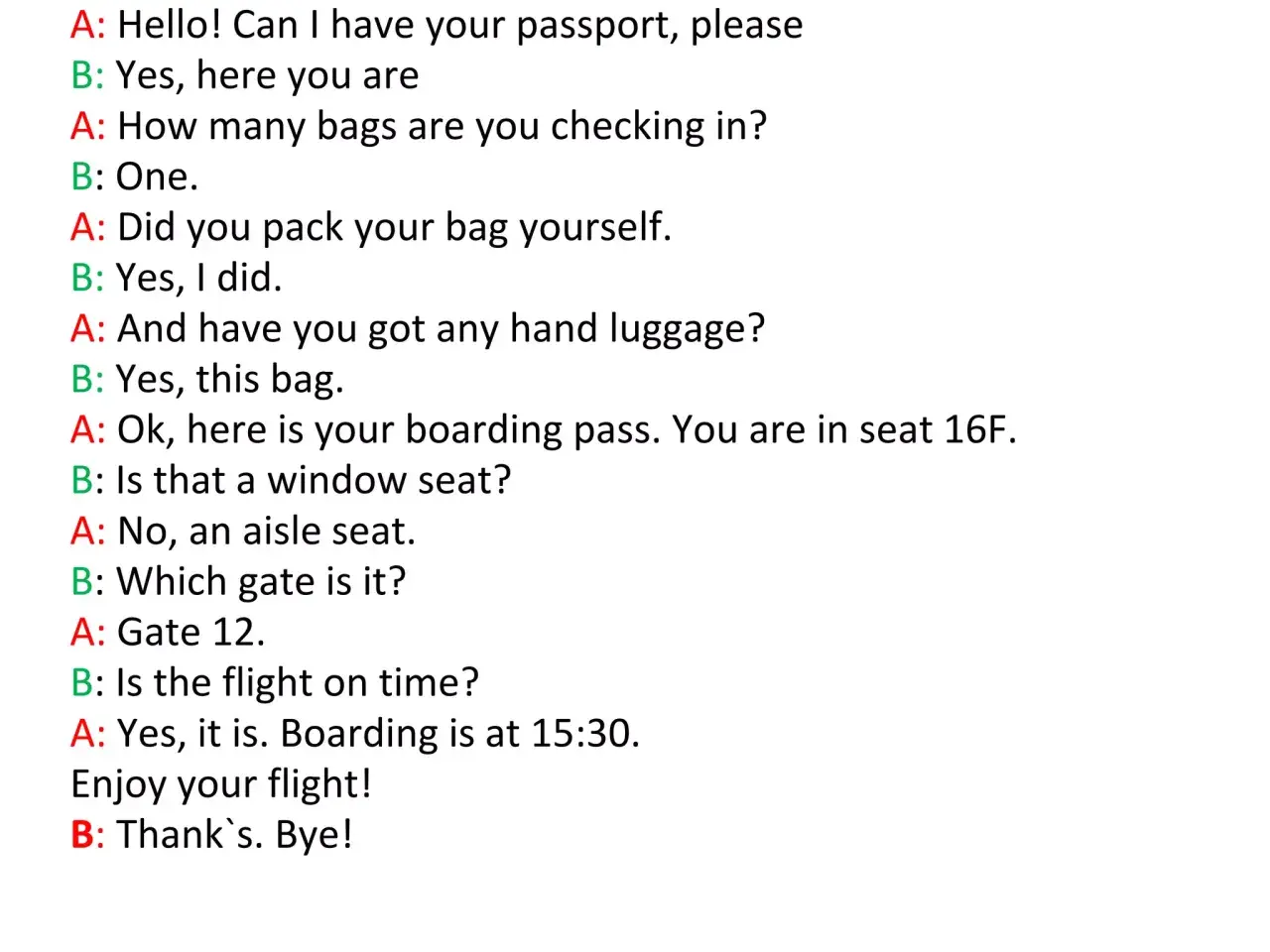 Dialog po angielsku na lotnisku. Pasażerowie pytają o paszport, bagaż, miejsce i bramkę.