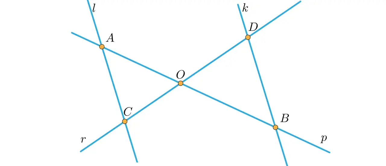 Geometryczny rysunek ilustrujący twierdzenie Talesa: przecinające się proste l, k, r, p z punktami A, C, D, B i O.