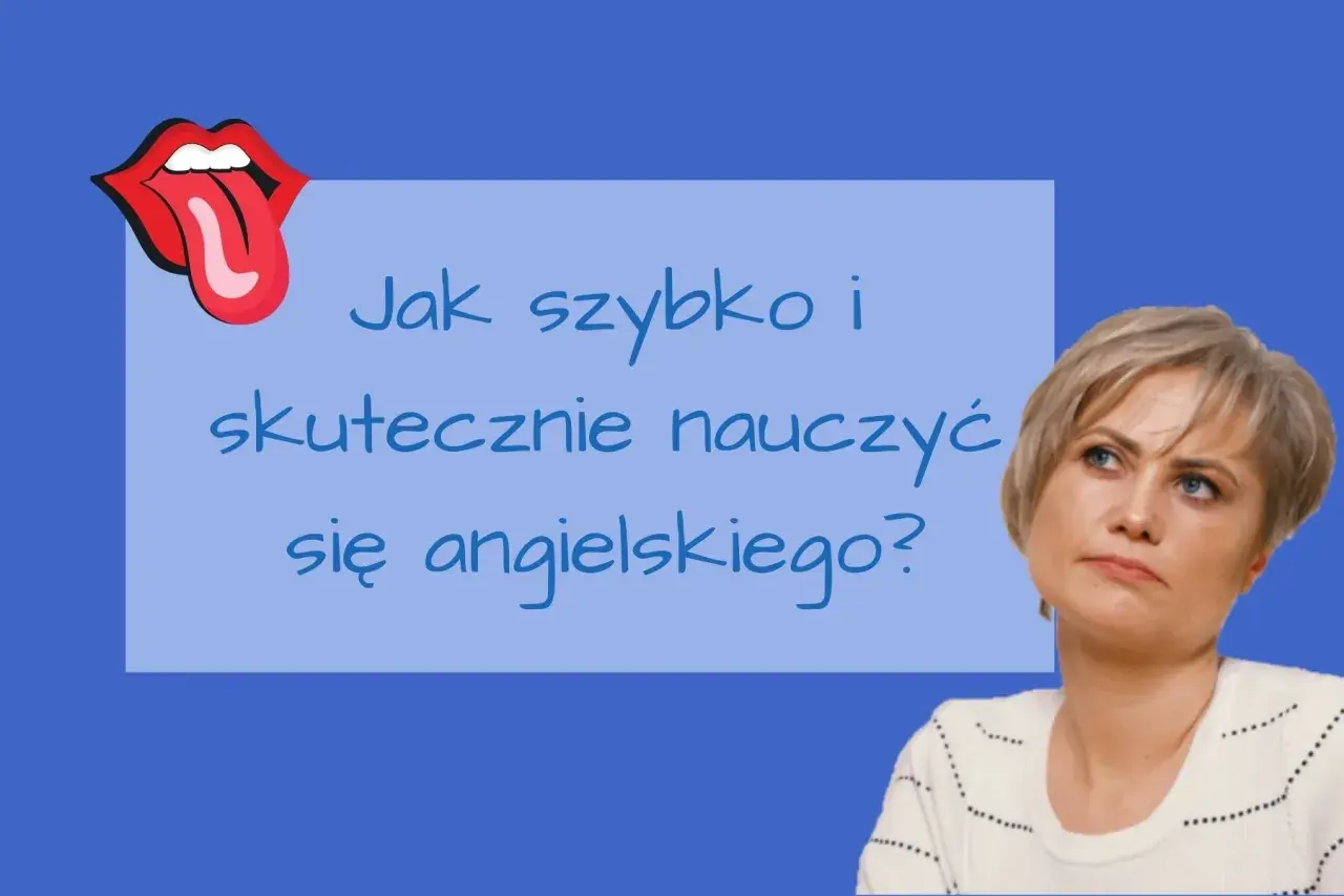 Kobieta zastanawia się, jak skorzystać z darmowych lekcji angielskiego. Usta z językiem sugerują chęć mówienia.