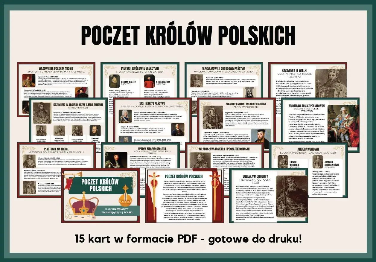 Poczet królów polskich, ukazujący ilu królów miała Polska, od Piastów po Poniatowskiego. Historia władzy i zmieniającej się Polski.