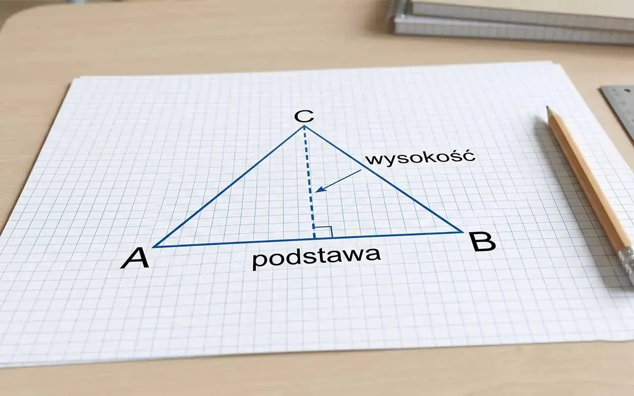 Ilustracja pokazuje, jak obliczyć boki w trójkącie równoramiennym, z zaznaczoną podstawą i wysokością.