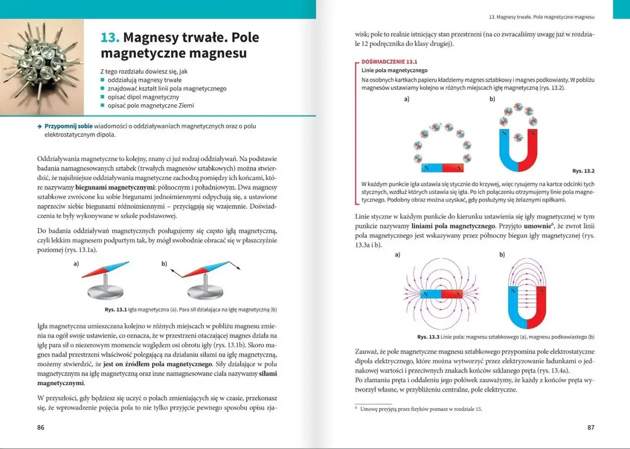 Linie pola magnetycznego badane w szkole średniej. Igła magnetyczna pokazuje kierunek pola.