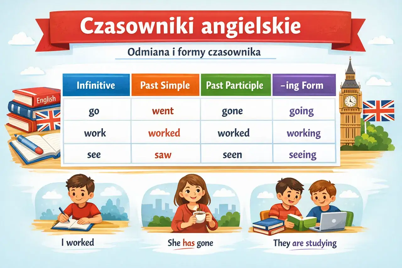 Tabela pokazuje trzy formy czasownika angielskiego: infinitiv, past simple i past participle. Przykład: go, went, gone.