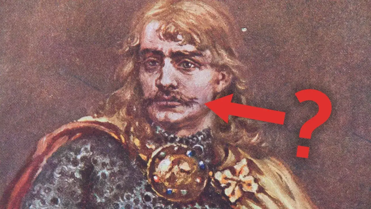 Portret Bolesława Krzywoustego z czerwoną strzałką i znakiem zapytania. Czy Bolesław Krzywousty był kr&oacute;lem?