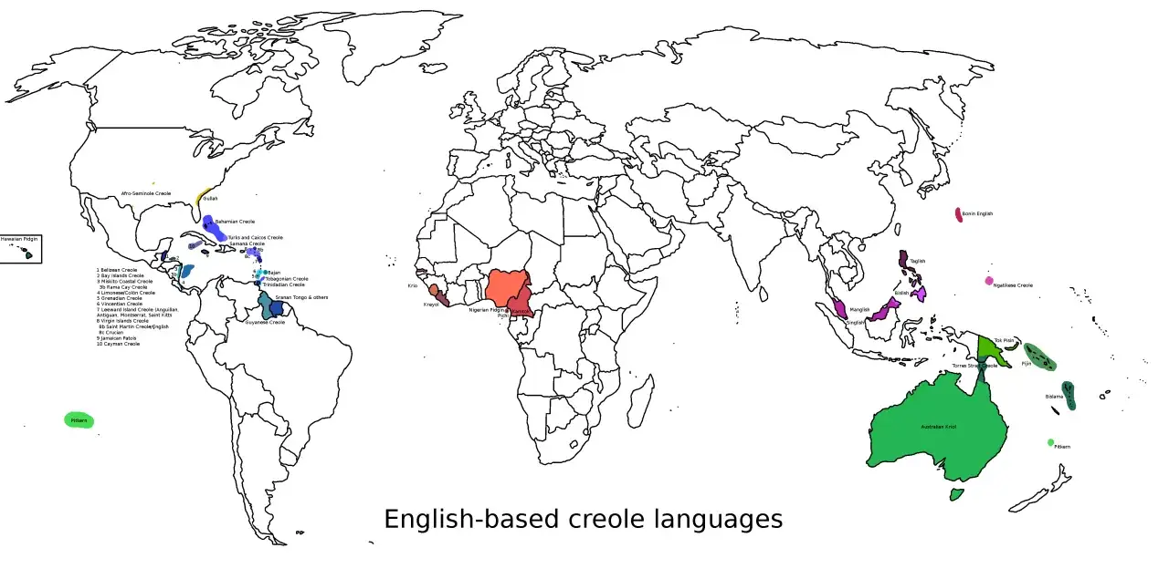 Mapa świata z zaznaczonymi obszarami, gdzie używany jest język kreolski.