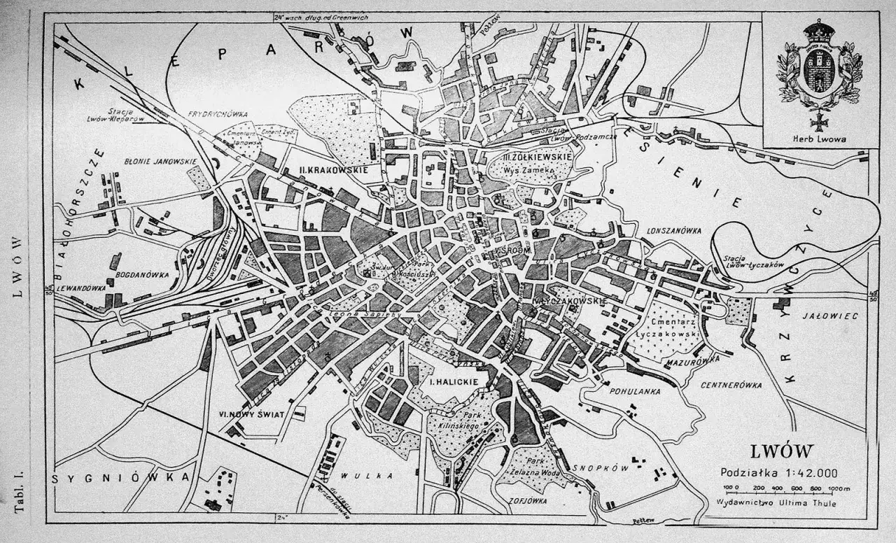 Stara mapa Lwowa, miasta o bogatej historii, gdzie polski i ukraiński ślad splatają się na ulicach.