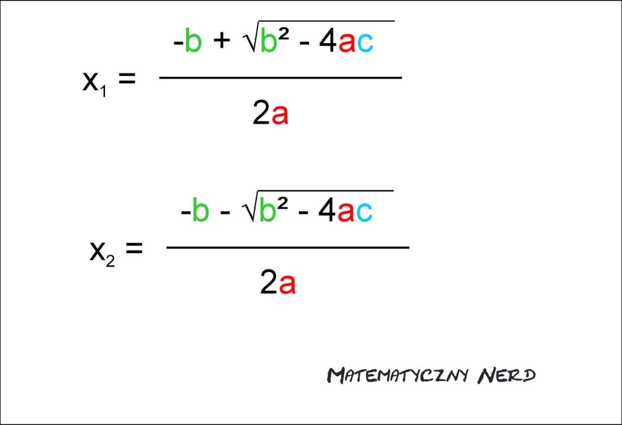 Wzór na x1 i x2, czyli pierwiastki równania kwadratowego: (-b ± √b² - 4ac) / 2a.