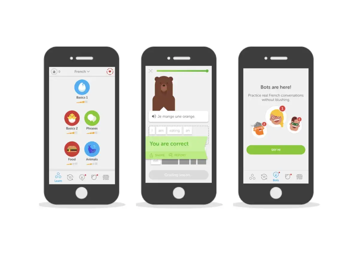 Na Duolingo można uczyć się dwóch języków. Ekran aplikacji pokazuje kurs francuskiego, ćwiczenia z wymowy i rozmowy z botami.