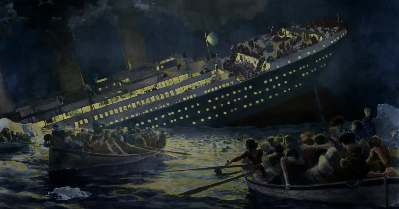 Ludzie w szalupach ratunkowych próbują ratować się przed tragiczną titanic katastrofą. Ogromny statek przechyla się, a jego okna świecą w ciemności.