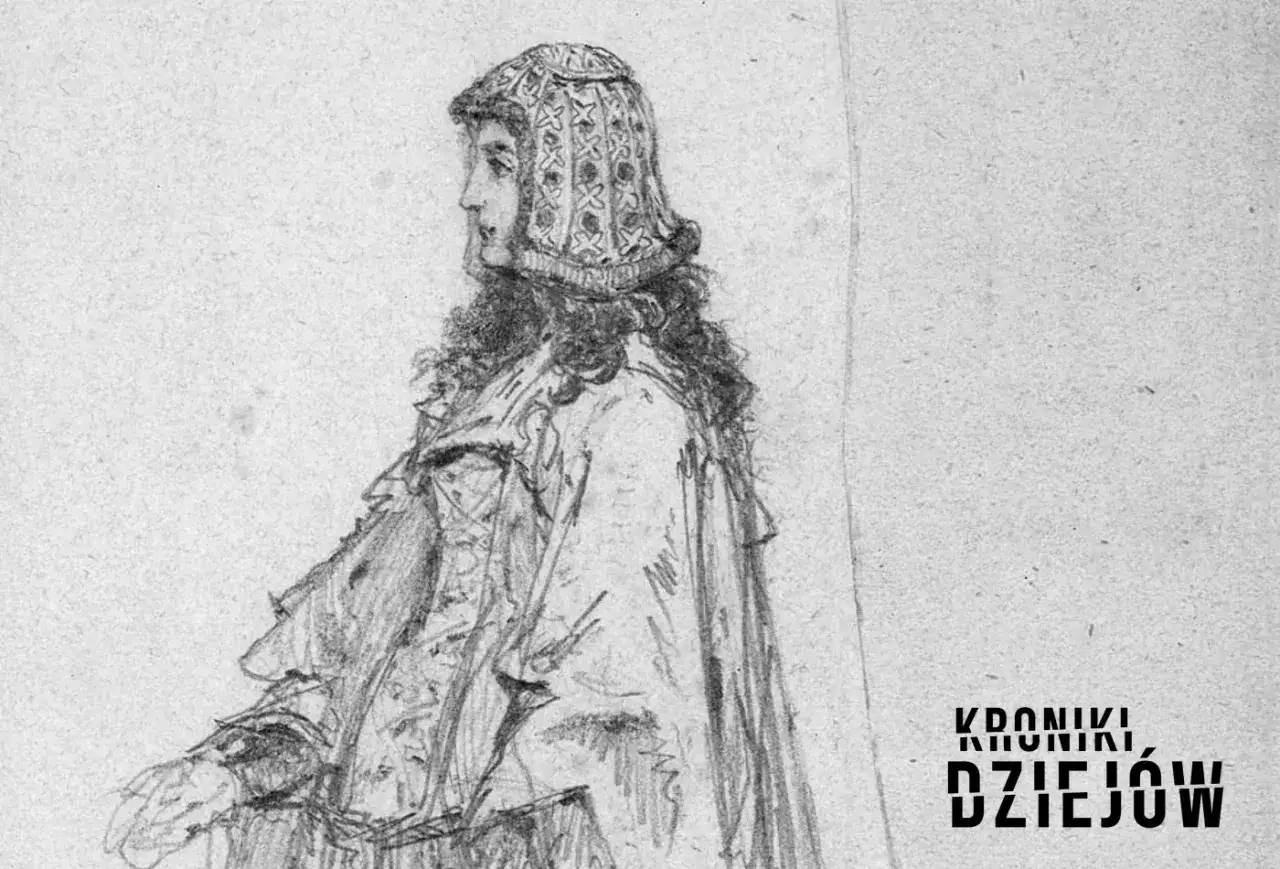 Portret kobiety w historycznym stroju, być może przedstawiający heską żonę Kazimierza Wielkiego. Jej głowę zdobi ozdobny czepiec, a ramiona okrywa płaszcz.
