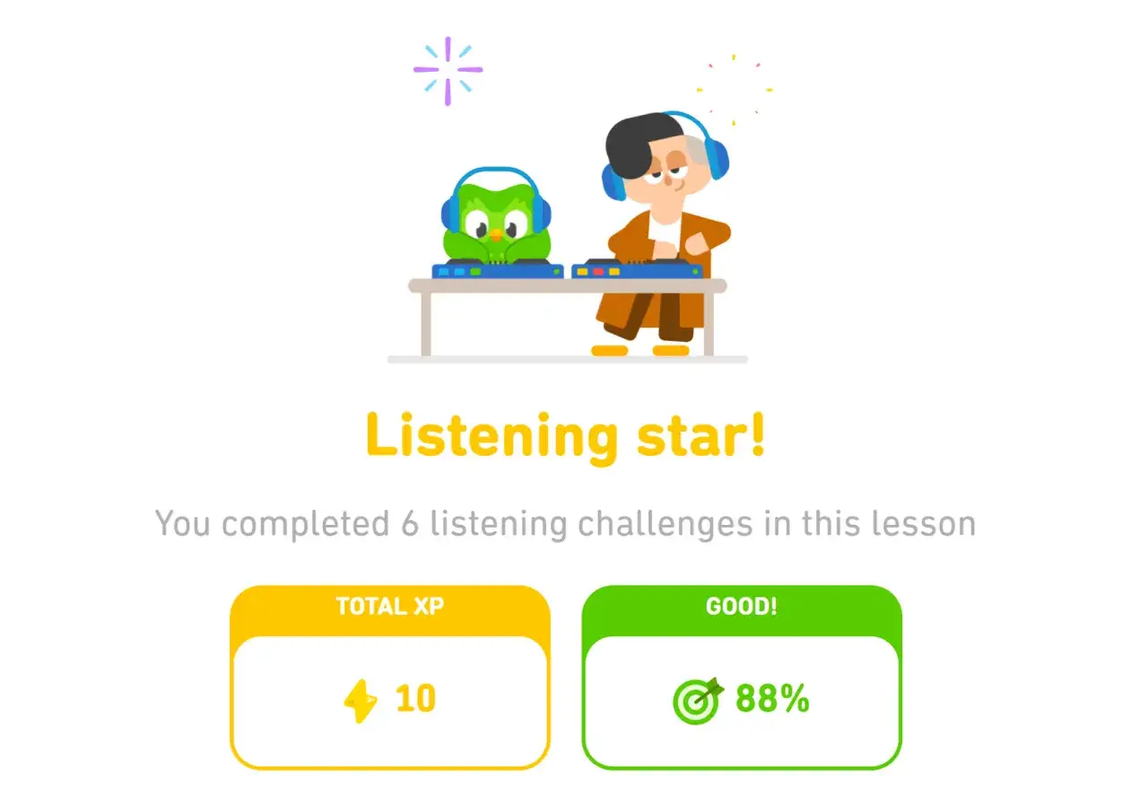 Duolingo: jak szybko zdobyć punkty? 10 XP za 6 zadań ze słuchania. 88% poprawnych odpowiedzi.