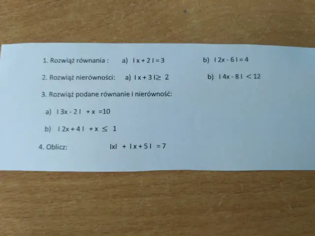 Zadania z wartością bezwzględną nierówności i równań: |x+2|=3, |x+3|≥2, |3x-2|+x=10, |2x+4|+x≤1, |x|+|x+5|=7.